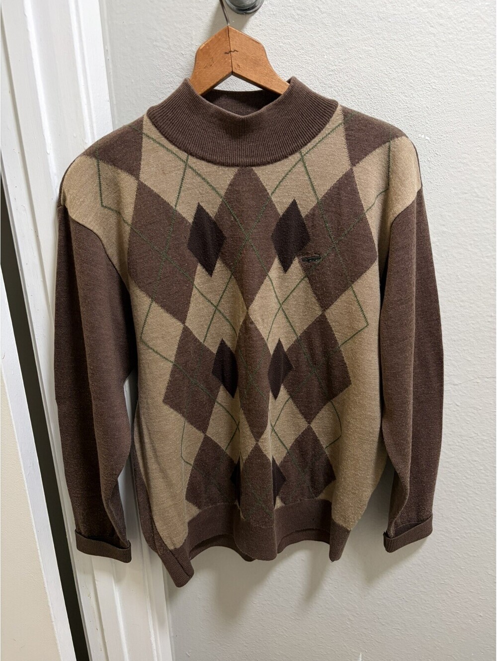 VTG Crocodile Men’s Argyle Mock Neck Knit Sweater L Brown